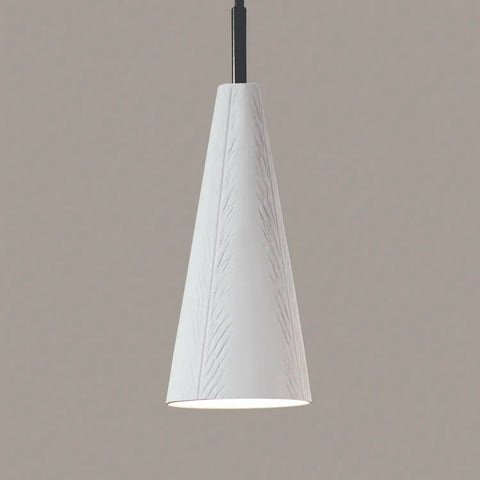 The Modern USA-Made Fossil Mini Pendant by A19 Artisan Lighting features a white, cone shape with textured leaf patterns. Handcrafted in California, it pairs with LED smart bulbs and hangs from a black cord against a gray background.