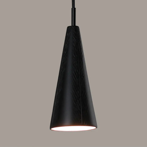 The Modern USA-Made Fossil Mini Pendant by A19 Artisan Lighting features a black, textured, cone-shaped design on a black cord, LED Smart Bulb compatible, and is beautifully handcrafted in California.