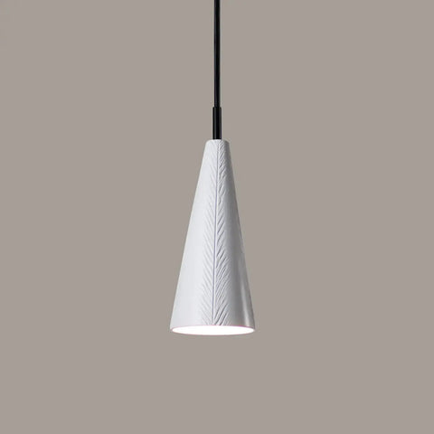 The Modern USA-Made Pendant Lighting – Fossil Mini Pendant by A19 Artisan Lighting features a white conical shade with an embossed leaf pattern, black cord, and is LED Smart Bulb Compatible. Handcrafted in California for modern elegance.