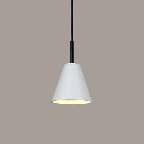 The Strands Mini Pendant by A19 Artisan Lighting features a white, cone-shaped shade hanging from a black cord. Handcrafted in California, this modern pendant is smart bulb compatible for customizable lighting.
