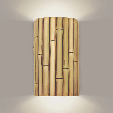 The Modern USA-Made Wall Lighting – Bamboo Sconce by A19 Artisan Lighting emits soft, energy-efficient LED light upward and downward, creating a warm, natural ambiance on neutral walls. Handcrafted in California.