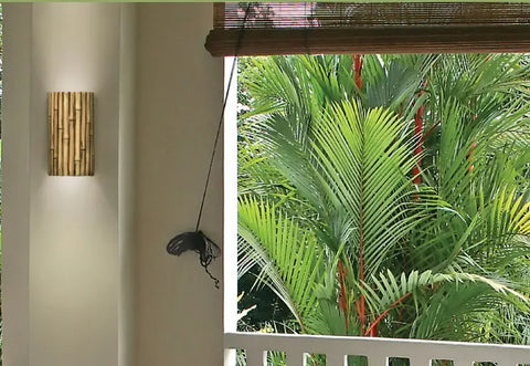 A19 Artisan Lighting’s Modern USA-Made Wall Lighting – Bamboo Sconce, handcrafted in California, brightens a light wall with energy-efficient LED. Nearby, a black object hangs as green palm leaves peek through a window with a brown shade.