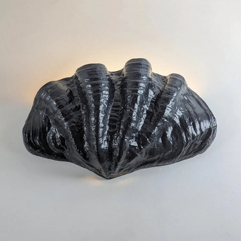 The Fiji Sconce by A19 Artisan Lighting is a modern, glossy, shell-shaped wall light handcrafted in California, mounted on a white wall and softly glowing from behind.