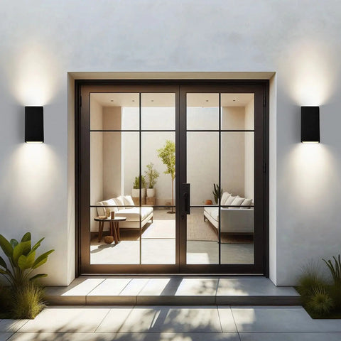 A modern glass double door with black frames opens to a bright patio with two white sofas, a small table, lush plants, and Modern USA-Made Flores Sconce wall lights by A19 Artisan Lighting, handcrafted in California, illuminating the entrance.