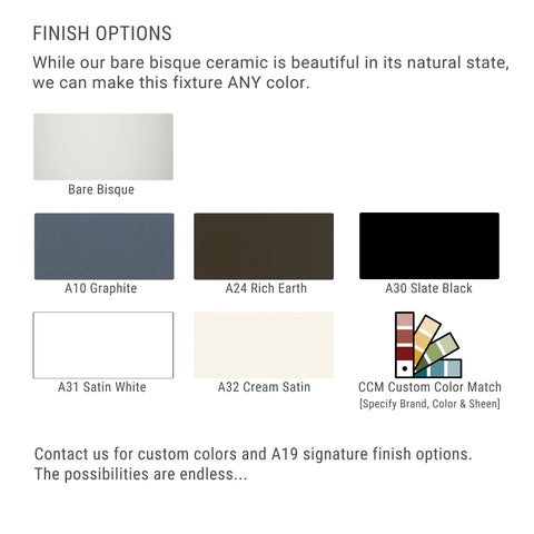 Discover ceramic finish options for the Modern USA-Made Gran Balboa Sconce by A19 Artisan Lighting: Bare Bisque, A10 Graphite, A24 Rich Earth, A30 Slate Black, A31 Satin White, A32 Cream Satin & Custom Color Match. Custom requests and energy-saving LED available.