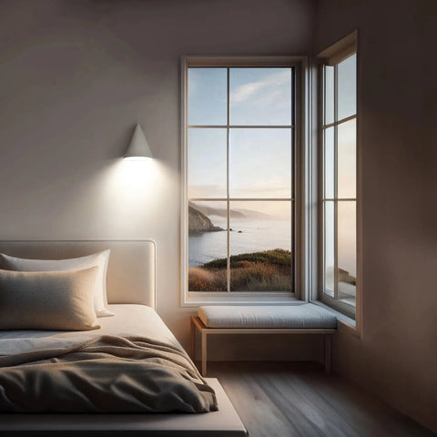 A cozy bedroom features a neatly made bed, large windows with an ocean sunset view, and the Icelandia Sconce by A19 Artisan Lighting—a modern, USA-made wall light handcrafted in California—providing soft illumination. A cushioned bench sits beneath the window.