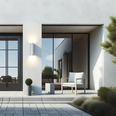 Modern outdoor patio featuring a cushioned wooden chair, potted plants, and the Kos Sconce by A19 Artisan Lighting—USA-made, handcrafted in California. Large glass doors reflect the sky; the minimalist design is sleek and contemporary.