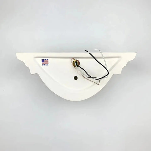 The Modern USA-Made Wall Lighting – Majorca Sconce by A19 Artisan Lighting is a handcrafted, white ceramic half-moon fixture with cutout details, exposed black and white wires, LED option, hardware, and “Made in USA” sticker.