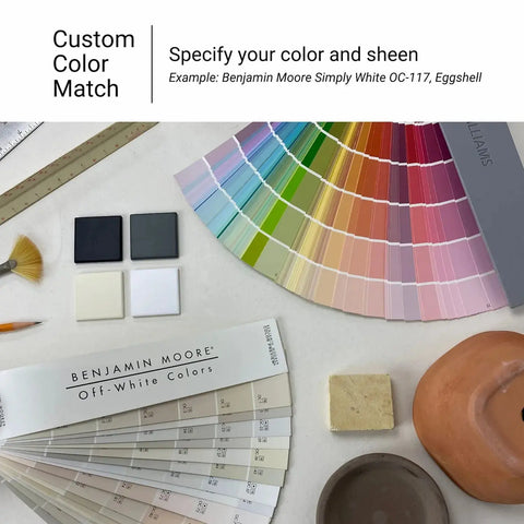 A workspace displays color swatches, tiles, a ruler, and paint cards. Text: “Custom Color Match for your Modern USA-Made Wall Lighting – Syros Sconce by A19 Artisan Lighting. Choose any color and sheen. Handcrafted in California.”.