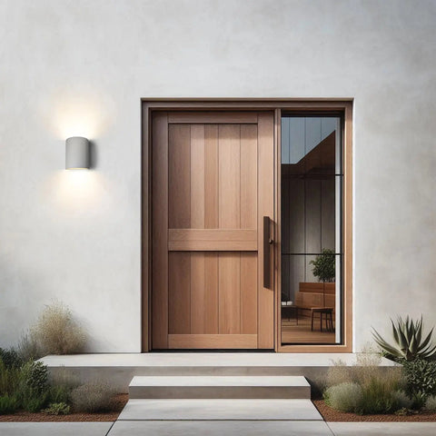 A modern wooden front door with a large vertical glass panel is illuminated by the Tilos Sconce—Modern USA-Made Wall Lighting, handcrafted in California by A19 Artisan Lighting. Minimalist landscaping and small plants flank the entrance steps.