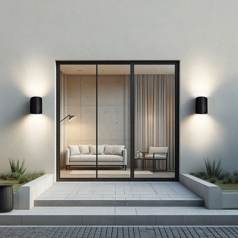 A modern patio features two black Modern USA-Made Wall Lighting – Tilos Sconces by A19 Artisan Lighting, handcrafted in California, flanking large glass sliding doors. Inside are a beige sofa, floor lamp, side table, curtains, and minimalist landscaping.