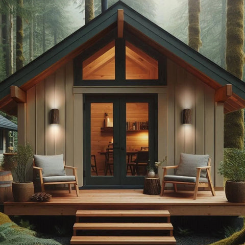 A cozy wooden cabin from the Nature Collection sits in a forest. Two cushioned chairs rest on the porch, illuminated by Modern USA-Made Wall Lighting – Twigs Sconce by A19 Artisan Lighting, handcrafted in California, beside large glass doors.