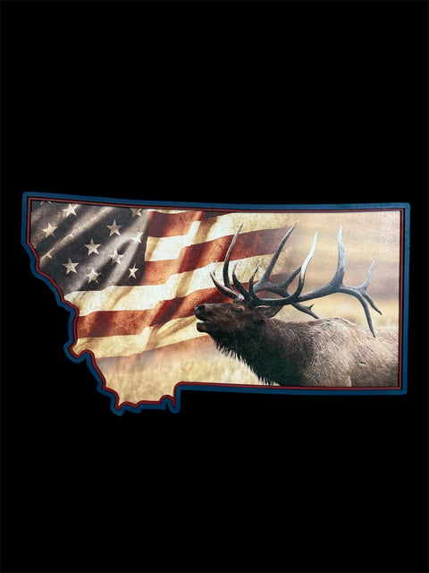 The Montana Elk Flag Sign by B. James Design & Woodwork features Montana’s state outline with an elk and American flag on a black background—a perfect tribute to the Big Sky State.
