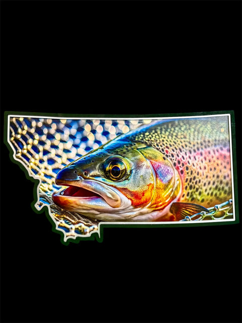 The Montana Trout Sign by B. James Design & Woodwork features a colorful trout in a fishing net, framed within the Montana shape on a black background—an eye-catching addition to your space.