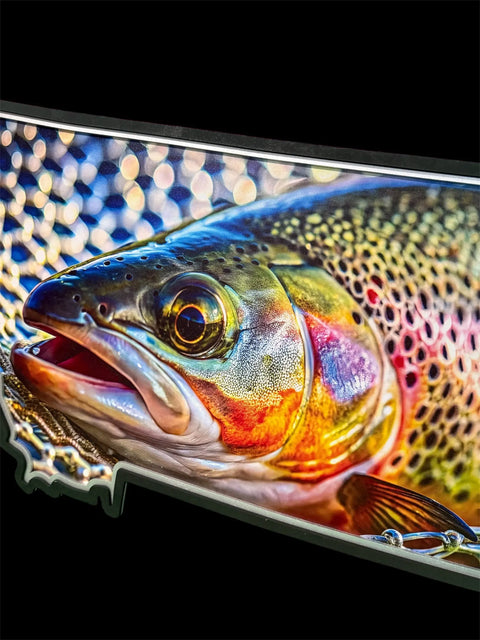 The Montana Trout Sign by B. James Design & Woodwork features a vibrant close-up of a colorful trout, detailed scales, and open mouth—celebrating Montana’s local wildlife and proudly crafted in Montana.