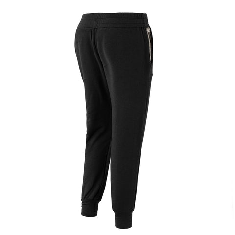 The Monterey Pine jogger pants by Fireside Pine are shown from the back, featuring a mid-rise waist, elastic waistband, zippered side pockets, and tapered ankles.