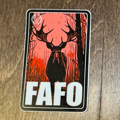 The American Lictor Sticker: Moose - FAFO features a moose silhouette with large antlers on a red and black forest background, bold white FAFO text, and is perfect for woodland humor fans.