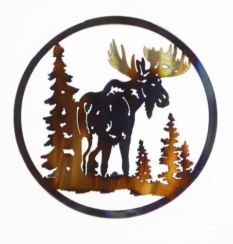 Moose With Trees Circle Metal Wall Art – Rustic Finish | Made In USA Custom Wall Decor Knights Home Decor  item