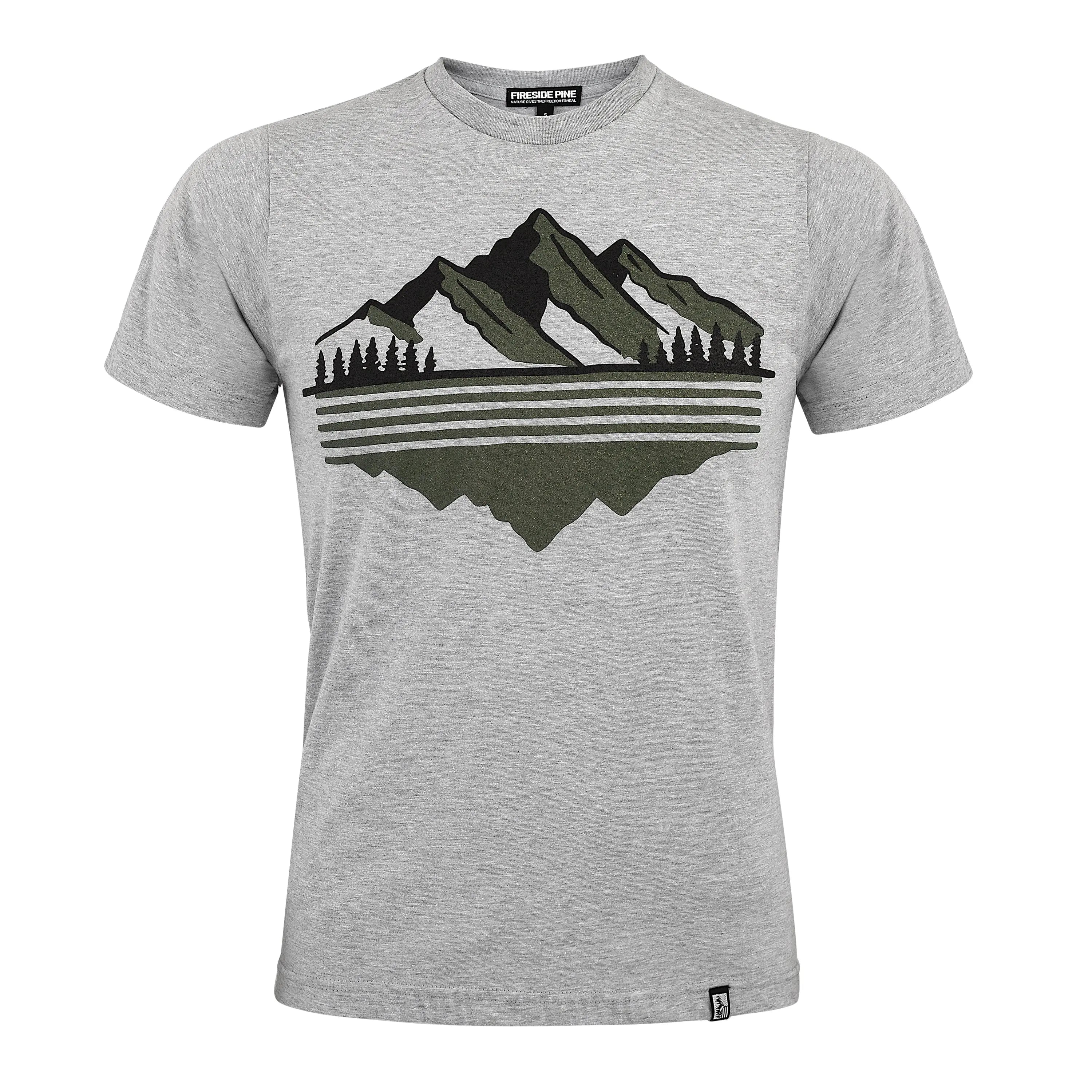 The Fireside Pine Mountain Reflection T-shirt features a green mountain and tree reflection graphic on light grey, crafted from soft combed ring-spun cotton with a relaxed fit, short sleeves, and crew neck.