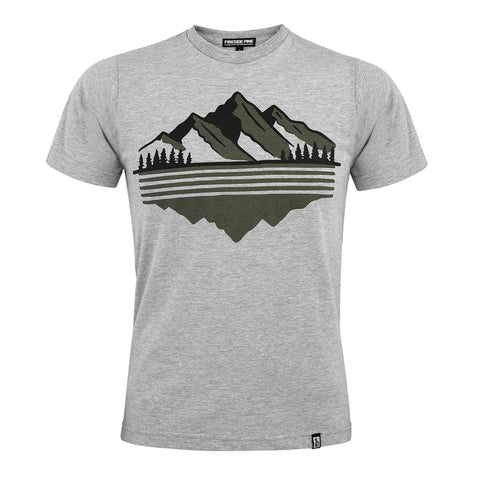 The Fireside Pine Mountain Reflection T-shirt features a green mountain and tree reflection graphic on light grey, crafted from soft combed ring-spun cotton with a relaxed fit, short sleeves, and crew neck.