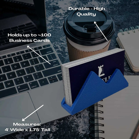 The Chatelet Manufacturing Mountain Silhouette Design Business Card Holder Display, compact at 4 wide x 1.75 tall, stylishly displays up to 100 cards—perfect for decorating office desks and maintaining organization.