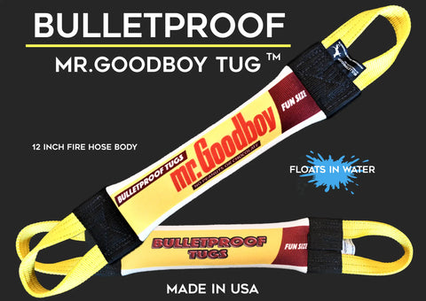 Two yellow and black Mr Goodboy (Fun Size) Fire Hose Training Tugs from Bulletproof Pet Products Inc. These durable, USA-made dog toys have a 12-inch fire hose body, float in water, and are perfect for tough play and training.
