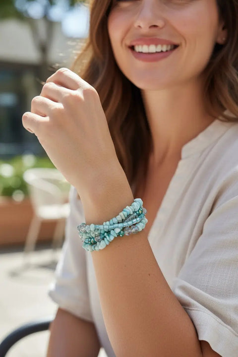 Multi-Strand Amazonite And Aquamarine Bracelet – Adjustable Stainless Steel Chain | Made In USA Michelle Marie Boutique  Bracelets