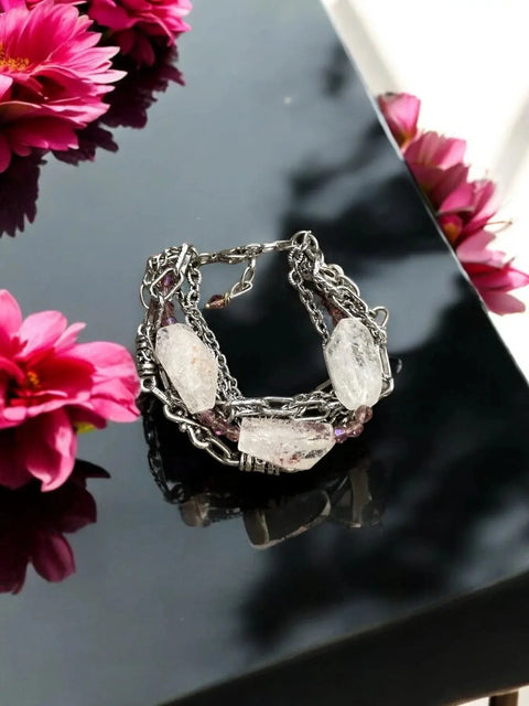 Multistrand Raw Rose Quartz Crystal Bracelet – Stainless Steel Chain Statement Jewelry | Made in USA Michelle Marie Boutique  Bracelets