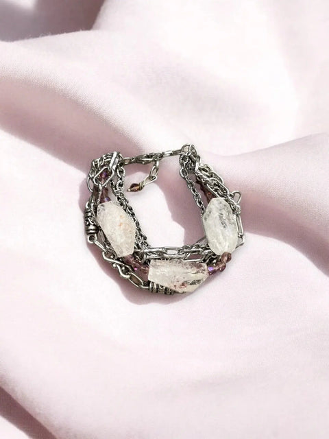 Multistrand Raw Rose Quartz Crystal Bracelet – Stainless Steel Chain Statement Jewelry | Made in USA Michelle Marie Boutique  Bracelets