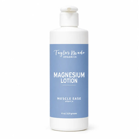 Muscle Ease Organic Magnesium Lotion 8oz – Soothing Arnica Essential Oils Blend | Made in USA Taylor Made Organics  therapeutic lotion