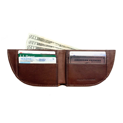 The Rogue Industries Nantucket Front Pocket Wallet in Horween Bison is shown open with credit and ID cards in its slots and two $20 bills in the cash compartment. Features RFID-blocking for enhanced security.