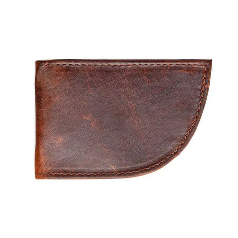 The Rogue Industries Nantucket Front Pocket Wallet in brown Moose Leather features visible stitching, RFID-blocking protection, a rounded right edge, and is shown closed against a white background.