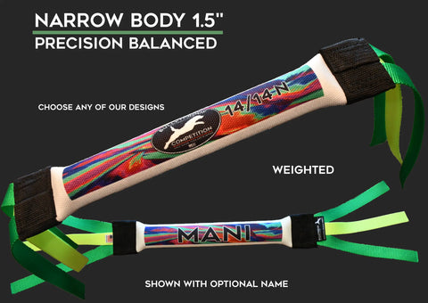 Two 1.5-inch New Narrow Dock Diving Bumper Tug toys—Weighted Electric Candy by Bulletproof Pet Products Inc—feature colorful patterns, black grips, green/yellow ribbon tails, COMPETITION labels, and custom MANI text; ideal for small dogs.