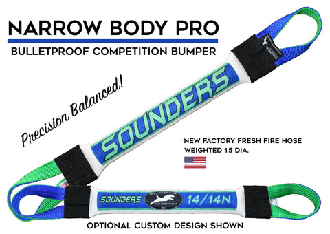Two Bulletproof Pet Products New Narrow Dock Diving Bumper Tugs—Competition Series Weighted, Blue Sound—feature balanced, bulletproof, factory-fresh fire hose construction, 1.5-inch diameter, and optional custom design.