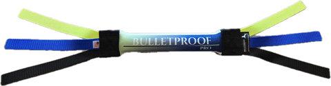 The Bulletproof Pet Products Inc Narrow Dock Diving Bumper Tug – Competition Series Weighted Yellow to Blue Fade features a padded BULLETPROOF PRO handle and blue, yellow, and black straps, ideal for intense play sessions.