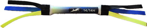 The Narrow Dock Diving Bumper Tug - Competition Series Weighted Yellow to Blue Fade by Bulletproof Pet Products Inc features a black and white grip with a leaping dog logo and four handles, ideal for water-loving dogs and dock diving.