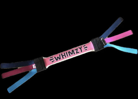 The Bulletproof Pet Products Inc Narrow Dock Diving Bumper Tug – Competition Series Weighted – Color Stripe has pink with black, blue, and purple fabric handles at both ends—ideal for dock diving or waterdog training—shown on a black background.