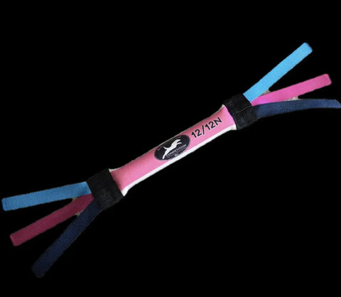 The Bulletproof Pet Products Inc Narrow Dock Diving Bumper Tug - Competition Series Weighted, a pink striped cylindrical tug toy with blue and pink handles and “12/12N” text, is top waterdog training gear shown against a black background.