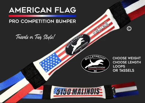 The Bulletproof Pet Products Inc Narrow Dock Diving Bumper Tug – Competition Series Weighted – U.S. Flag offers pro-grade durability with options for tassels or tug style, customizable weight, length, loops, and ideal for dock diving.