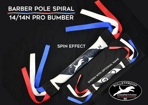 The Bulletproof Pet Products Inc New Narrow Dock Diving Bumper Tug - Competition Series Weighted - Barber Pole Spiral features black and white body, red/white/blue spiraled ribbons, Spin Effect text, and logo—ideal for smaller dogs & mouths.