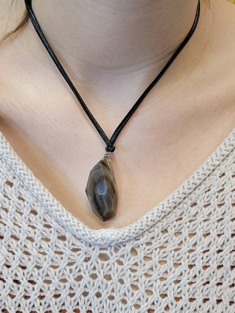 Natural Agate Stone Pendant Necklace 23-30mm – Adjustable 16-19 Inch Black Leather Cord | Made in USA Michelle Marie Boutique  Necklace