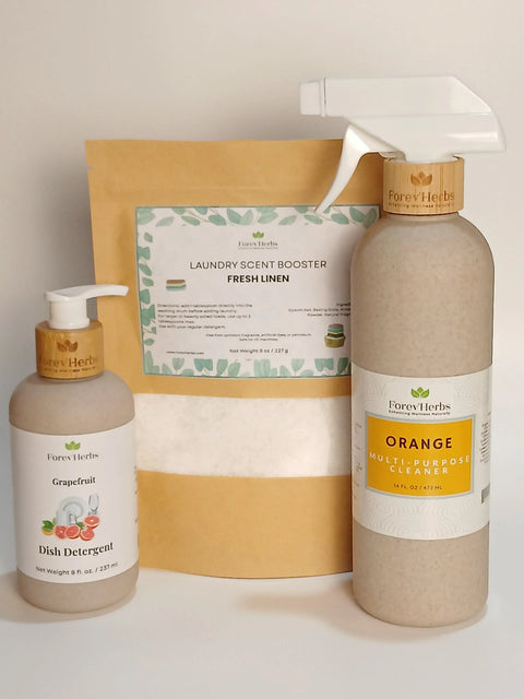 Natural Clean Home Essentials Kit – Grapefruit Dish Soap 8oz, Fresh Linen Scent Booster, Orange Multi-Purpose Cleaner 16oz | Made in USA Forev'Herbs  Home Solutions
