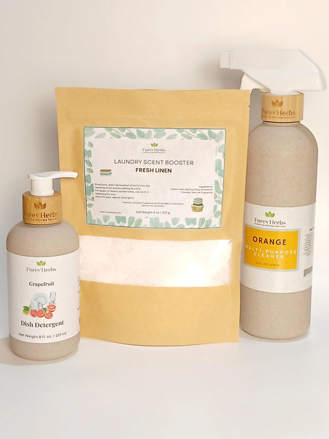 Natural Clean Home Essentials Kit – Grapefruit Dish Soap 8oz, Fresh Linen Scent Booster, Orange Multi-Purpose Cleaner 16oz | Made in USA Forev'Herbs  Home Solutions