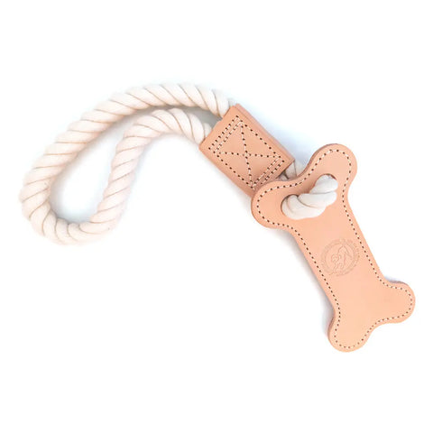 Natural Cotton Rope And Vegetable Tanned Leather Dog Tug Toy – 18 Inch Bone Design | Made In USA Auburn Leathercrafters  item