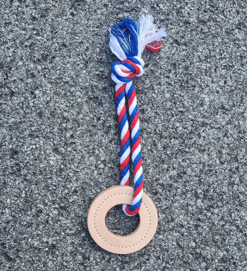 Natural Cotton & Leather Tug Toy - Ring, Knotted Rope - Limited Edition Red, White & Blue Auburn Leathercrafters  item