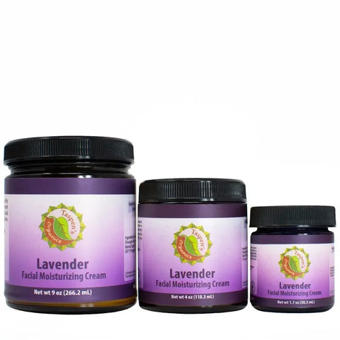 Three jars of Taspens Organics Facial Moisturizing Cream (9 oz, 4 oz, and 2 oz) with purple labels and black lids are displayed side by side. This American-made moisturizer is natural and organic.