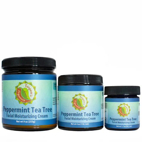 Three jars of Taspens Organics Facial Moisturizing Cream in small, medium, and large sizes are displayed side by side against a white background.