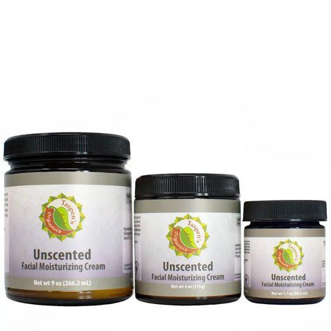 Three jars of Taspens Organics Facial Moisturizing Cream in 9 oz, 4 oz, and 1.7 oz containers are placed side by side, showing off their American-made skincare branding and product labels.