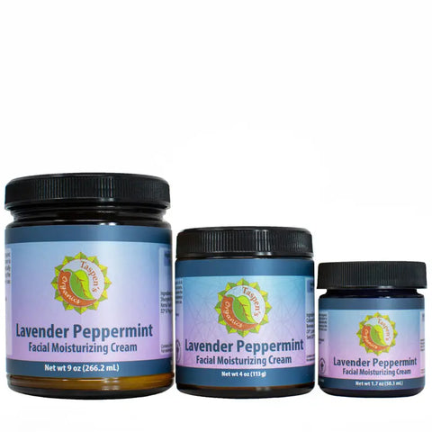 Three jars of Taspens Organics Facial Moisturizing Cream in 9 oz, 4 oz, and 2 oz sizes, with blue labels, black lids, and colorful logos on a white background. Premium American-made skincare thats natural and organic.
