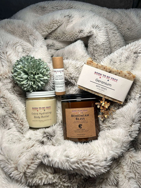 Natural Fresh Start Skincare Kit – Hydrating Body Butter, Soap, Lip Balm & Candle | Made in USA Born to be Free  skin